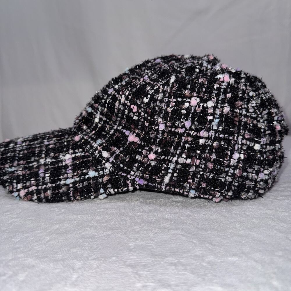 Anthropologie Long Bill Preppy Tweed Baseball Cap Black Pink Blue Adjustable Hat